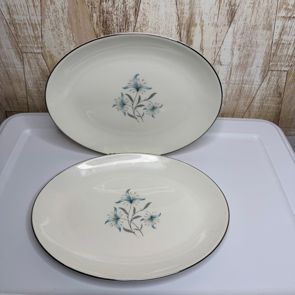 Homer Laughlin Triumph Cynthia Oval Serving Platters Blue Floral Set of 2 USA